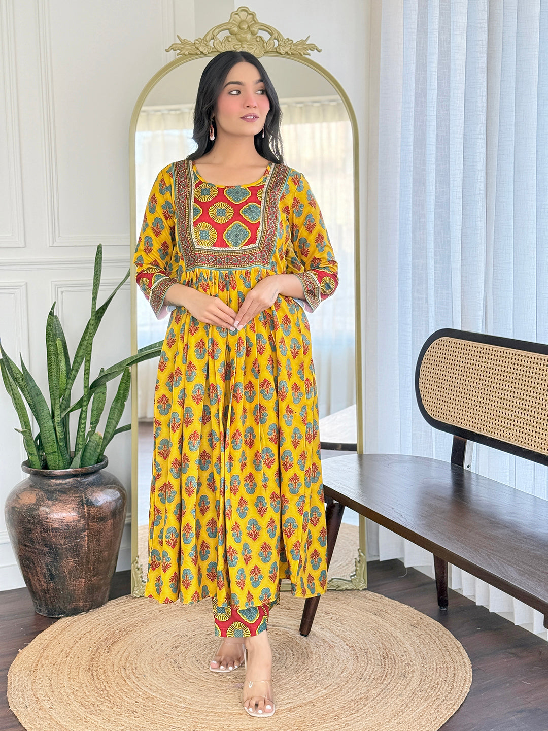 YELLOW FLORAL PRINTED COTTON KURTA PANT DUPATTA SET