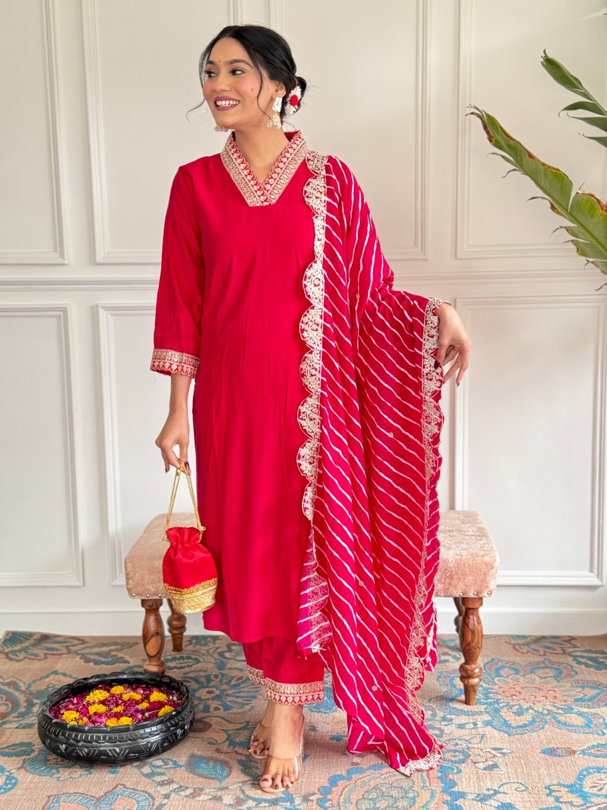 PARUL RED STRAIGHT COTTON KURTA SET