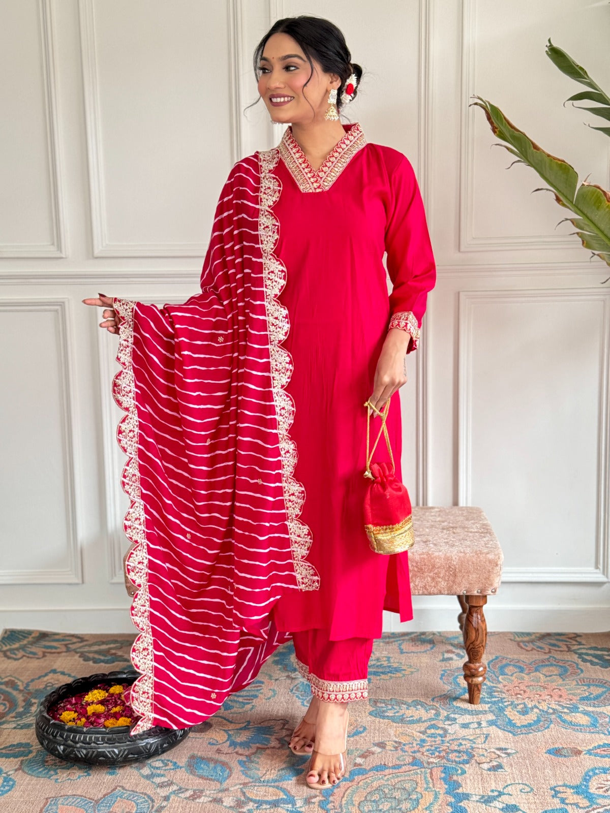 PARUL RED STRAIGHT COTTON KURTA SET