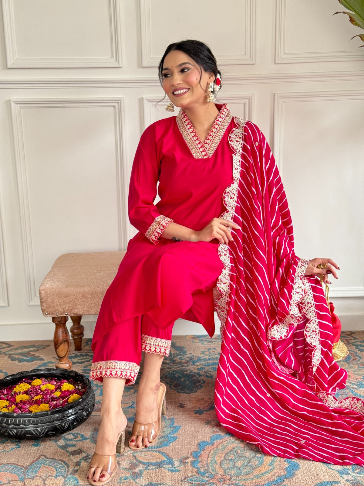 PARUL RED STRAIGHT COTTON KURTA SET