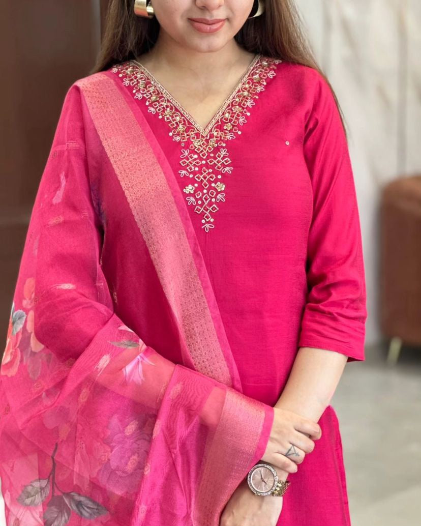RANI PINK EMBROIDERED NECK KURTA SET WITH FLORAL DUPATTA