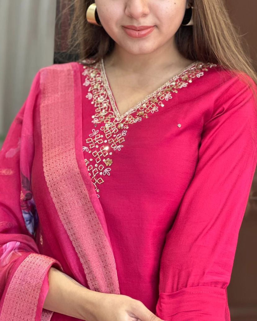 RANI PINK EMBROIDERED NECK KURTA SET WITH FLORAL DUPATTA