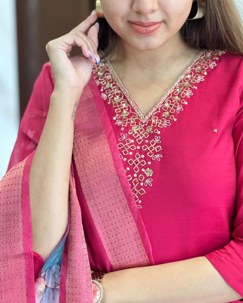 RANI PINK EMBROIDERED NECK KURTA SET WITH FLORAL DUPATTA