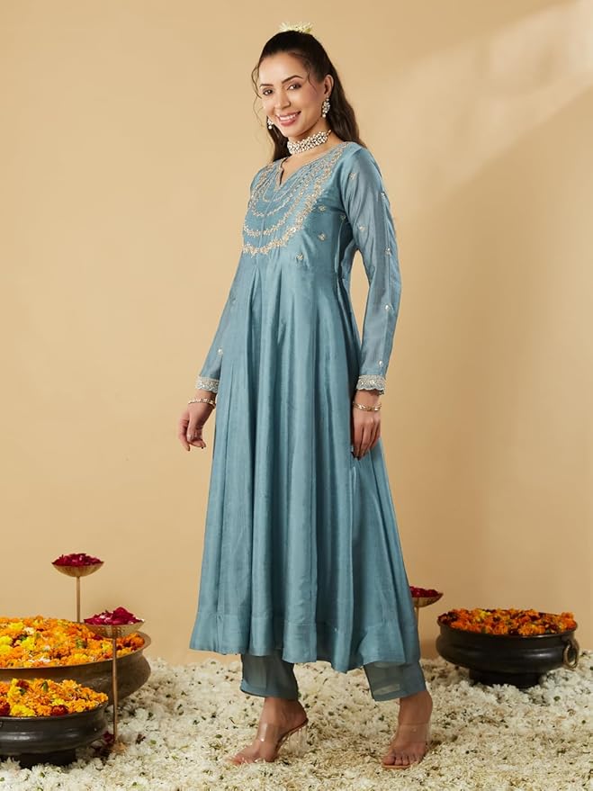 MUSKAN BLUE EMBROIDERED ANARKALI KURTA SET