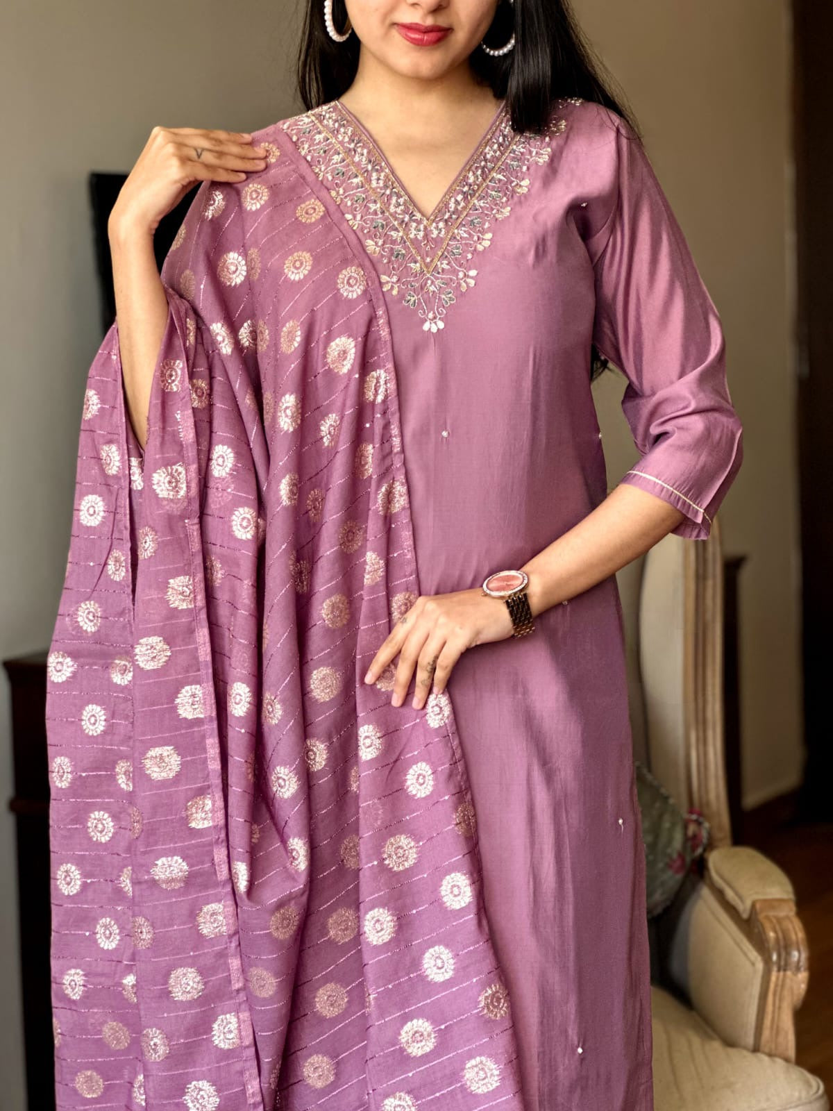 LAVENDER EMBROIDERED ETHNIC FESTIVE TRADITIONAL SILK KURTA SET