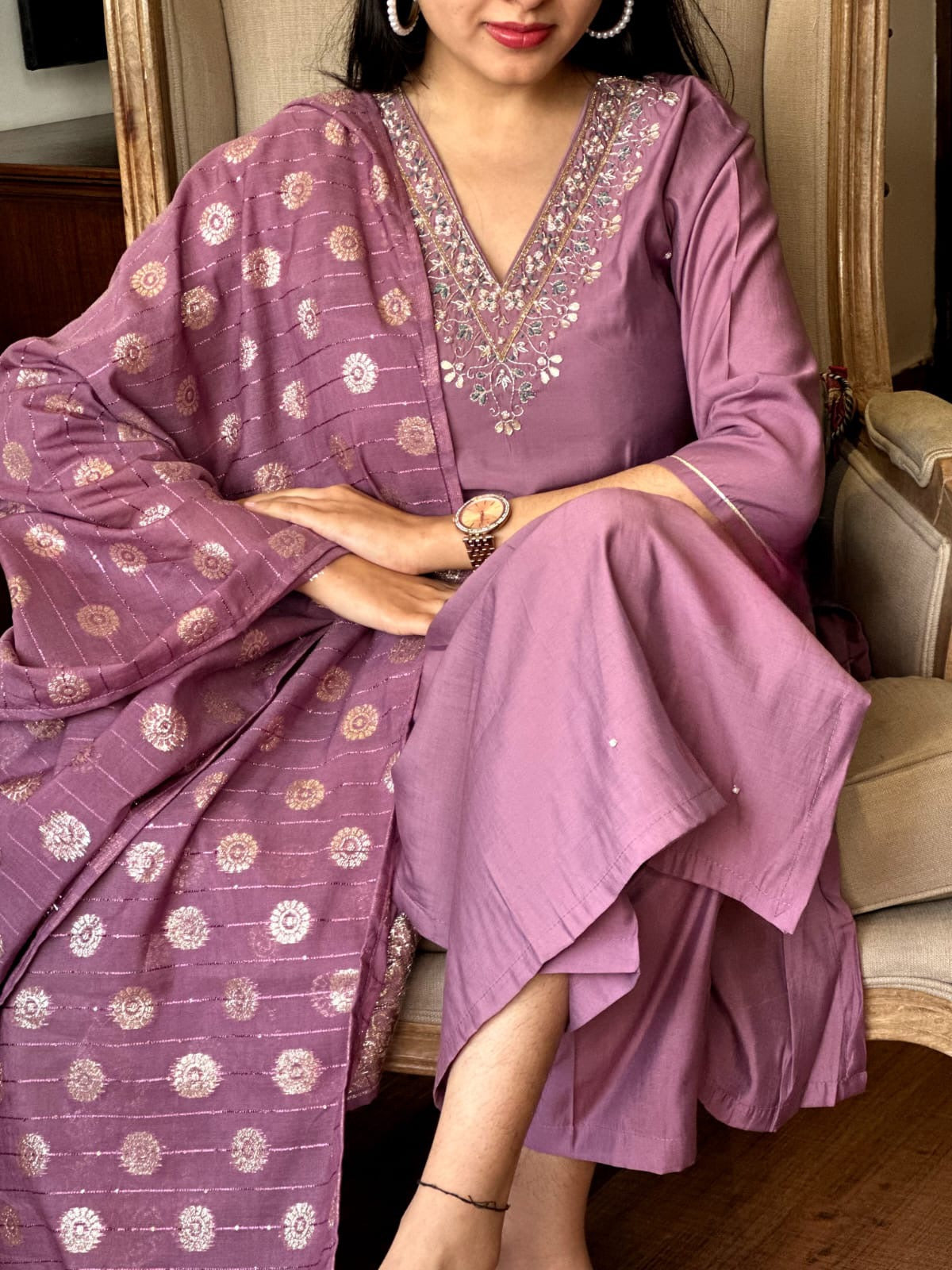 LAVENDER EMBROIDERED ETHNIC FESTIVE TRADITIONAL SILK KURTA SET