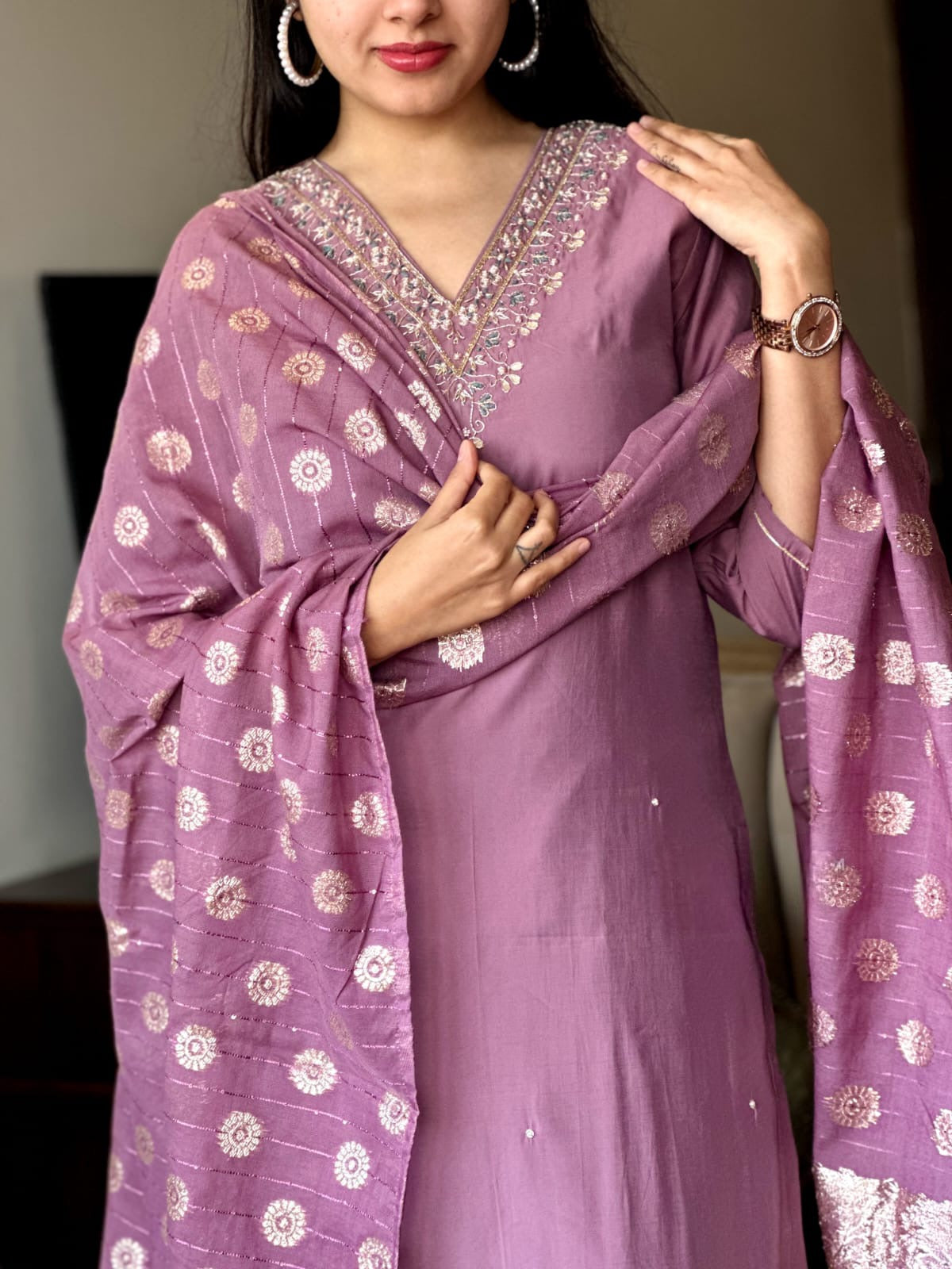 LAVENDER EMBROIDERED ETHNIC FESTIVE TRADITIONAL SILK KURTA SET