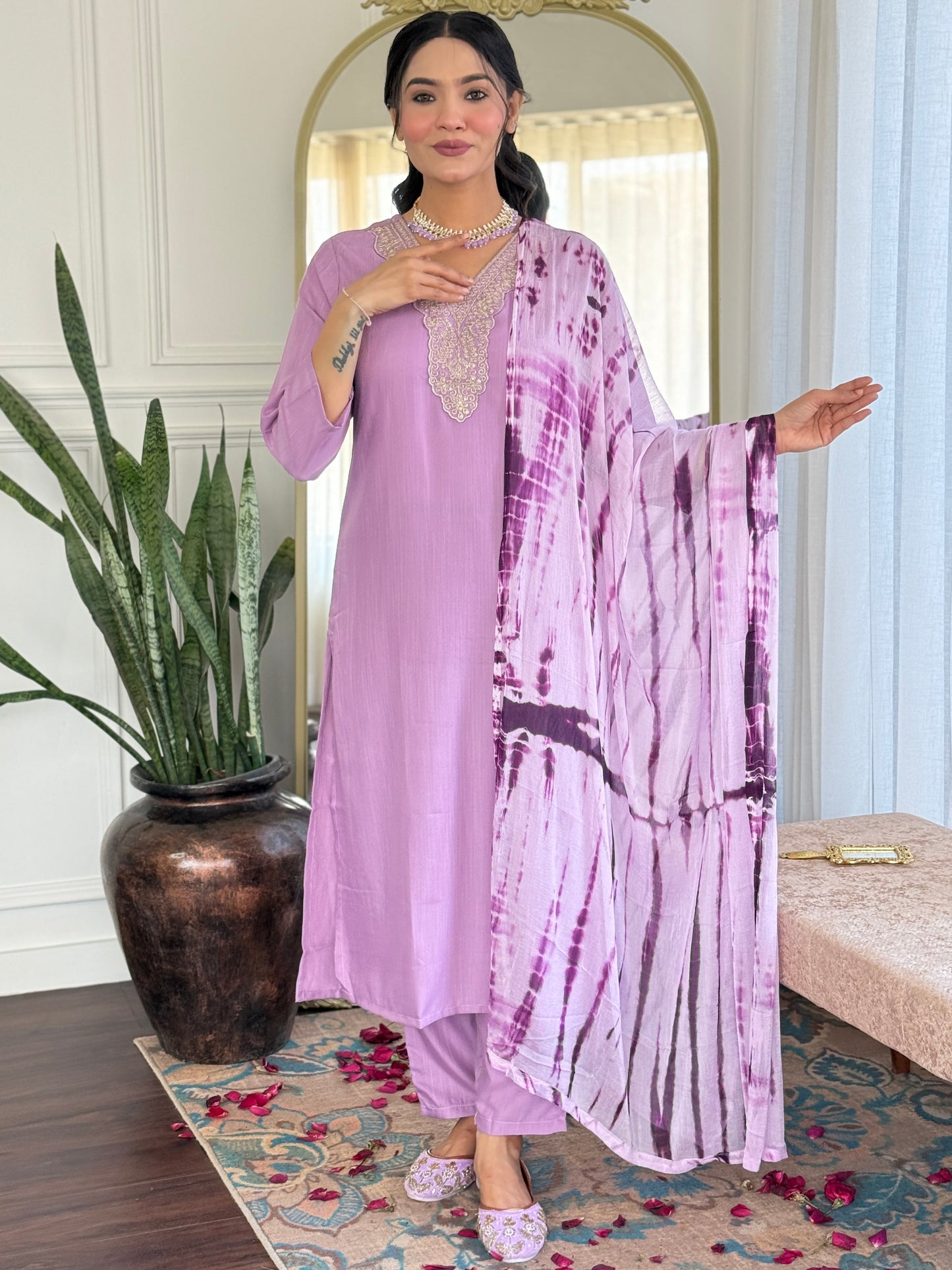 LAVENDER KURTA PANT DUPATTA SET FOR DAILY USE