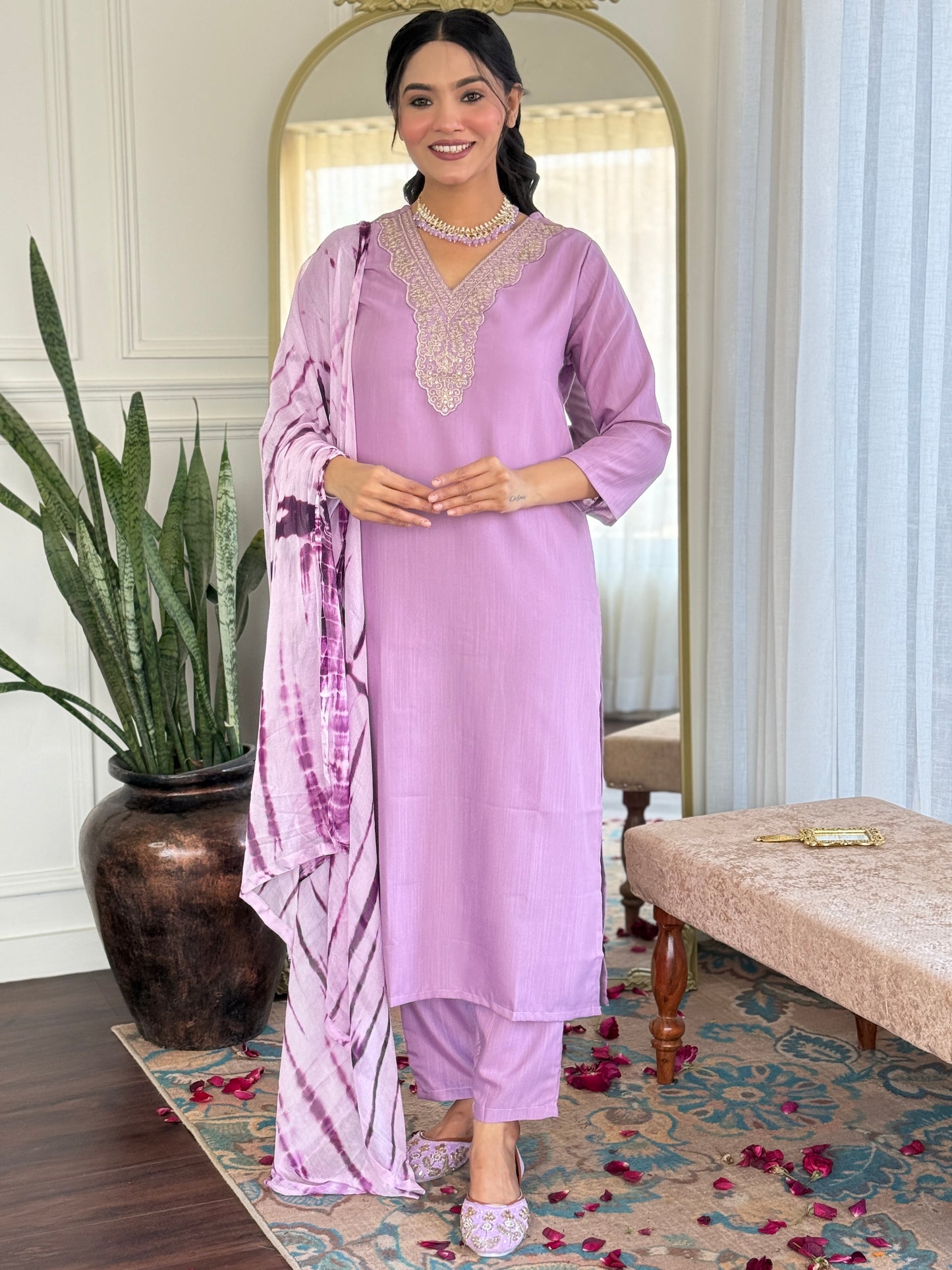 LAVENDER KURTA PANT DUPATTA SET FOR DAILY USE