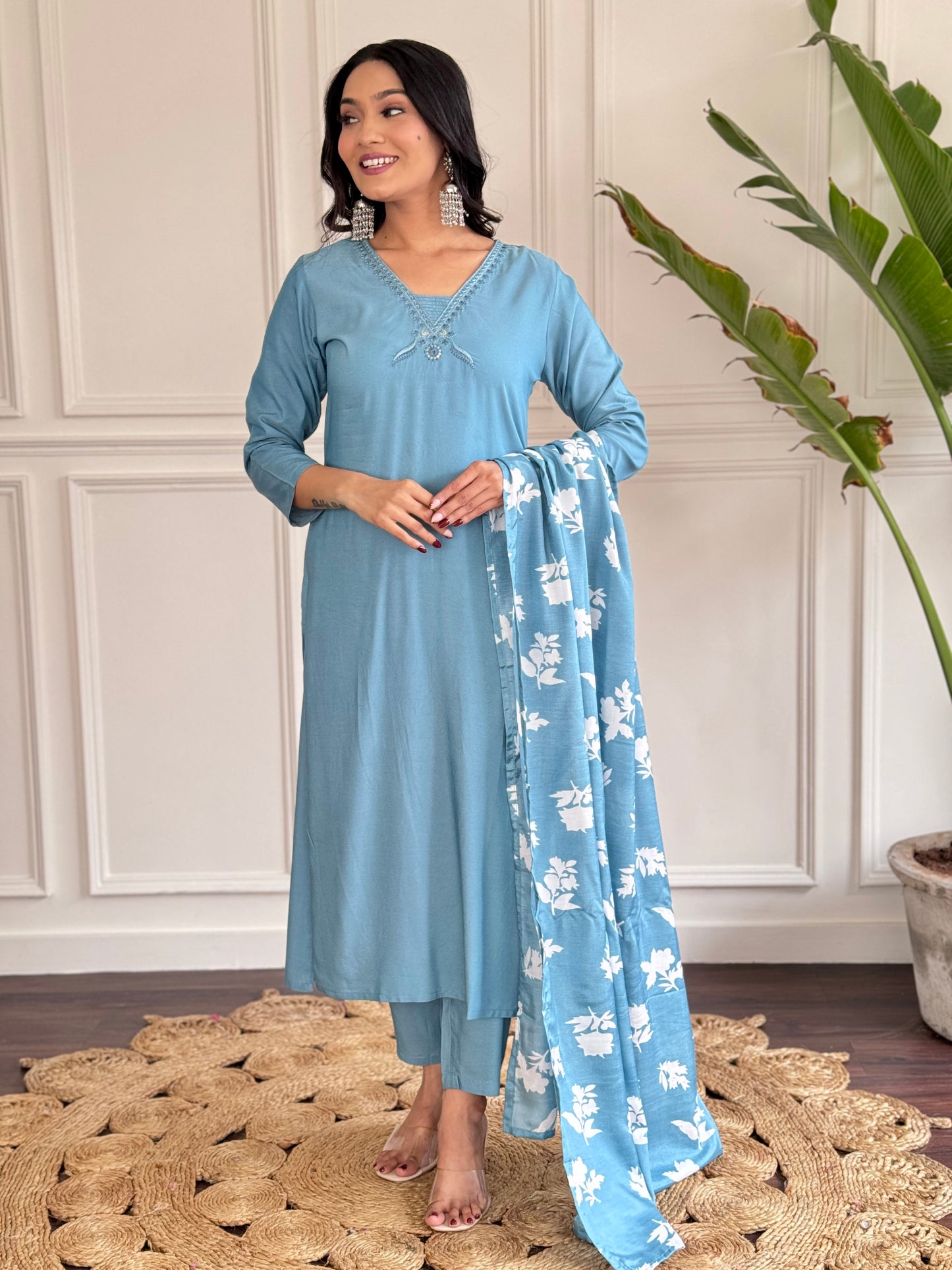 SKY BLUE KURTA PANT DUPATTA SET FOR WORK
