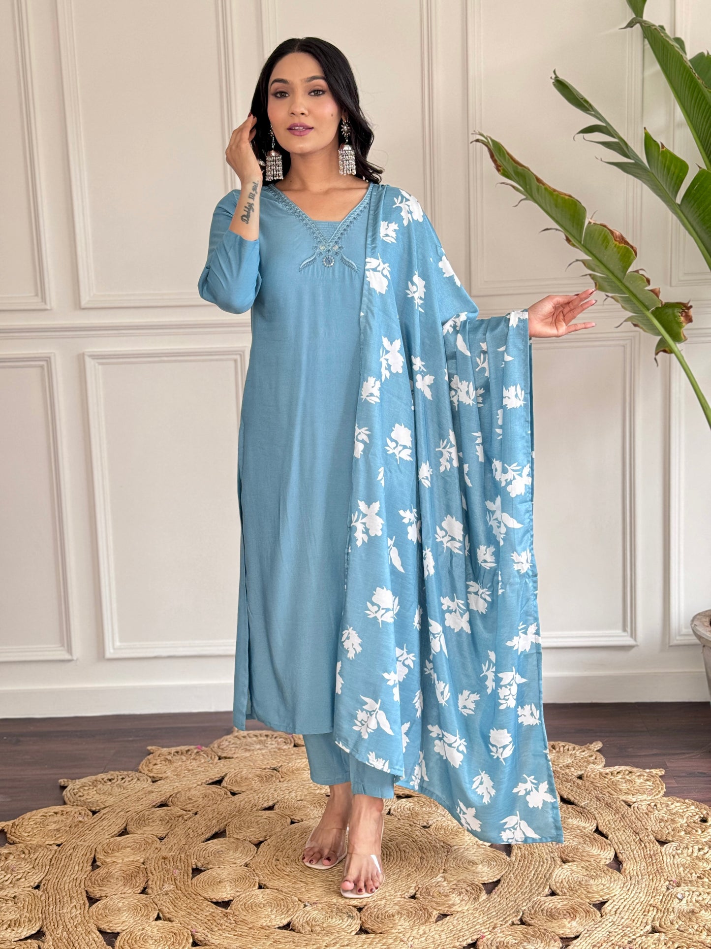 SKY BLUE KURTA PANT DUPATTA SET FOR WORK