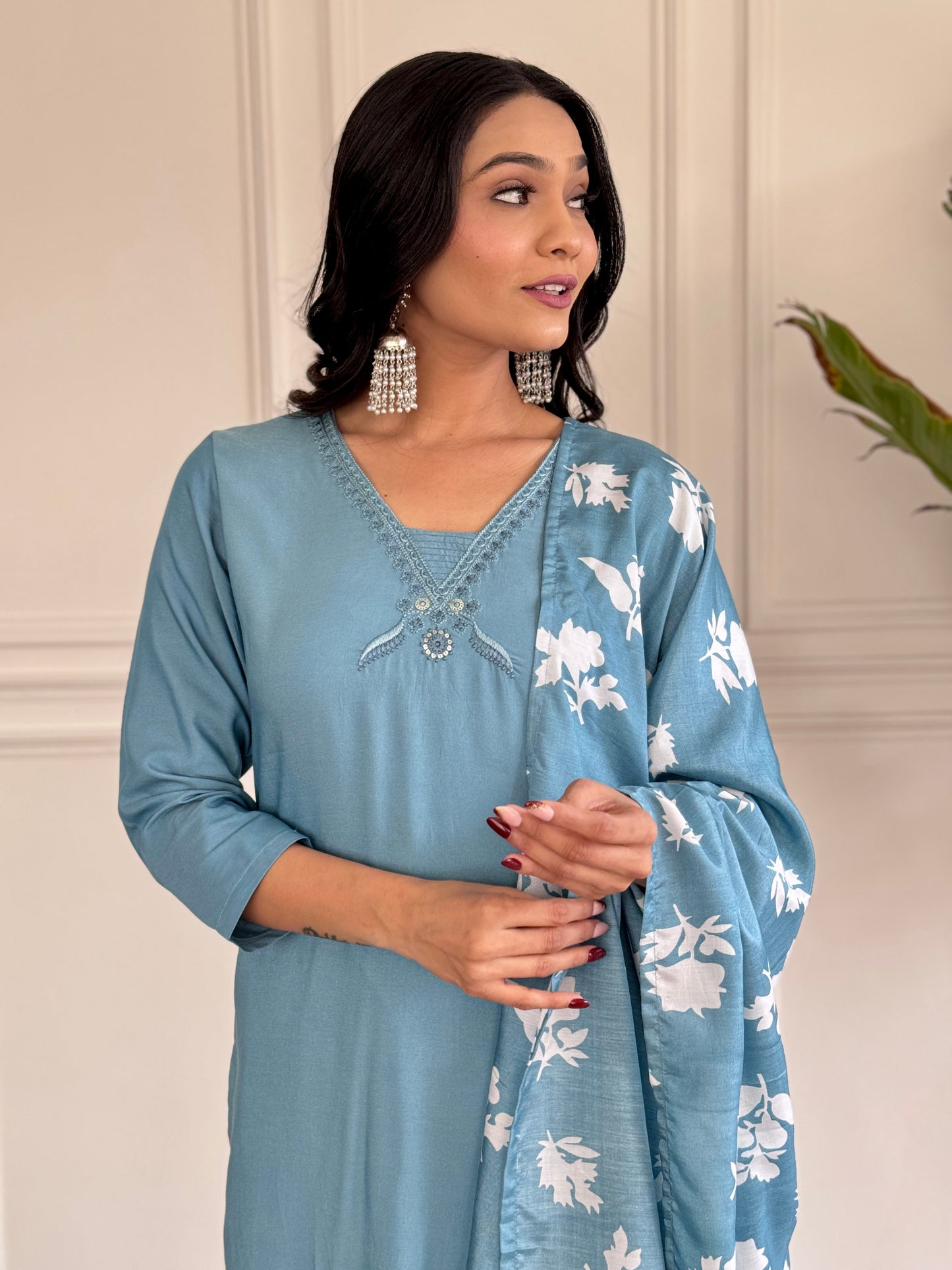 SKY BLUE KURTA PANT DUPATTA SET FOR WORK