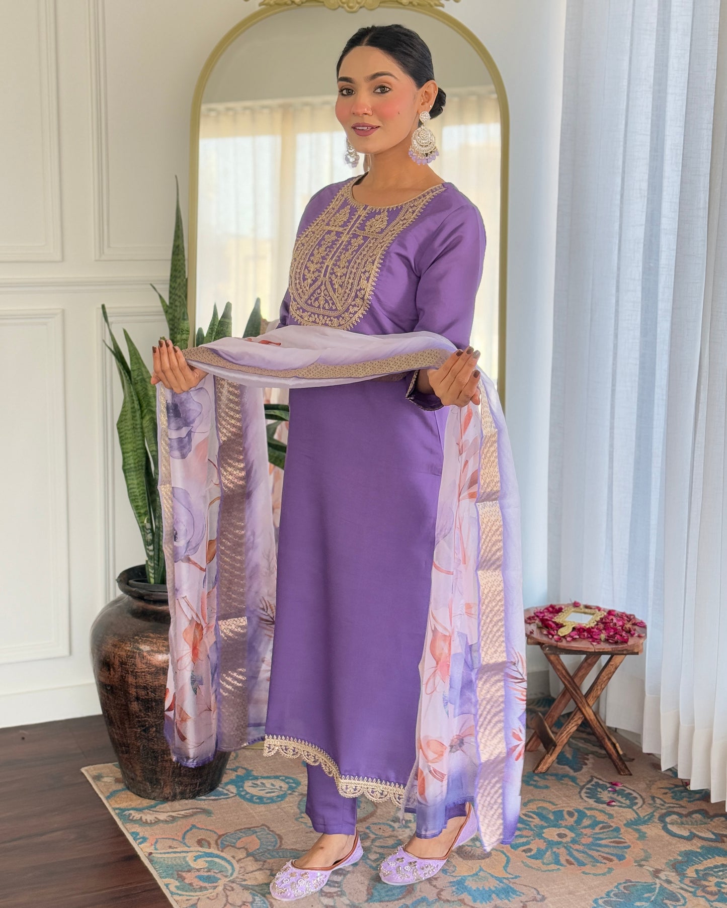 LAVENDER COTTON STRAIGHT KURTA SET WITH DUPATTA AND PANT