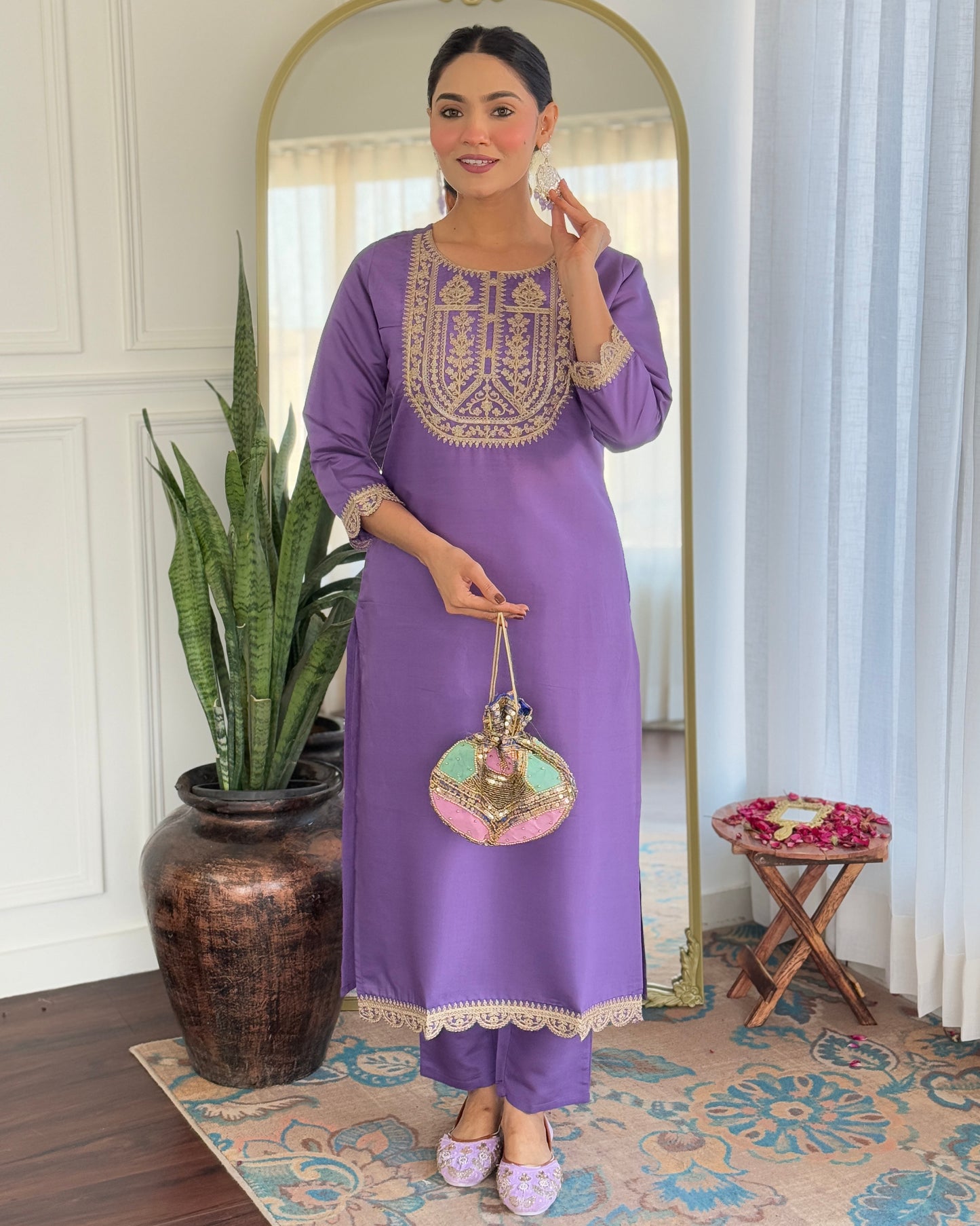 LAVENDER COTTON STRAIGHT KURTA SET WITH DUPATTA AND PANT