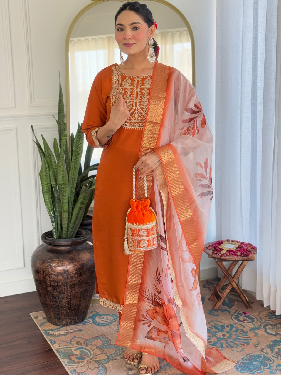 ORANGETHREE-PIECE ETHNIC KURTA SET FOR WOMEN