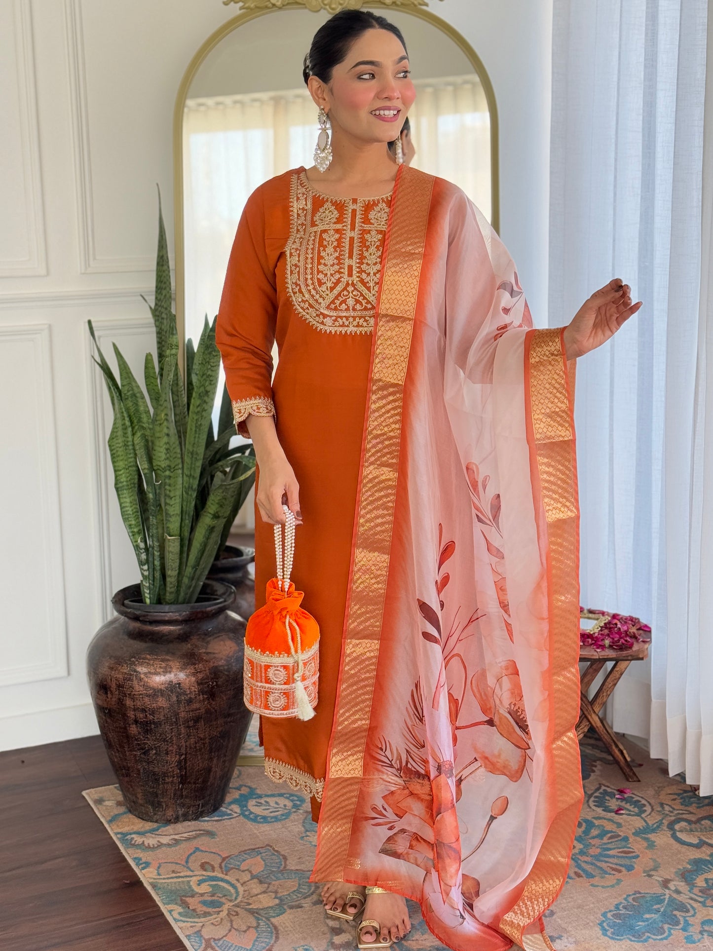ORANGETHREE-PIECE ETHNIC KURTA SET FOR WOMEN