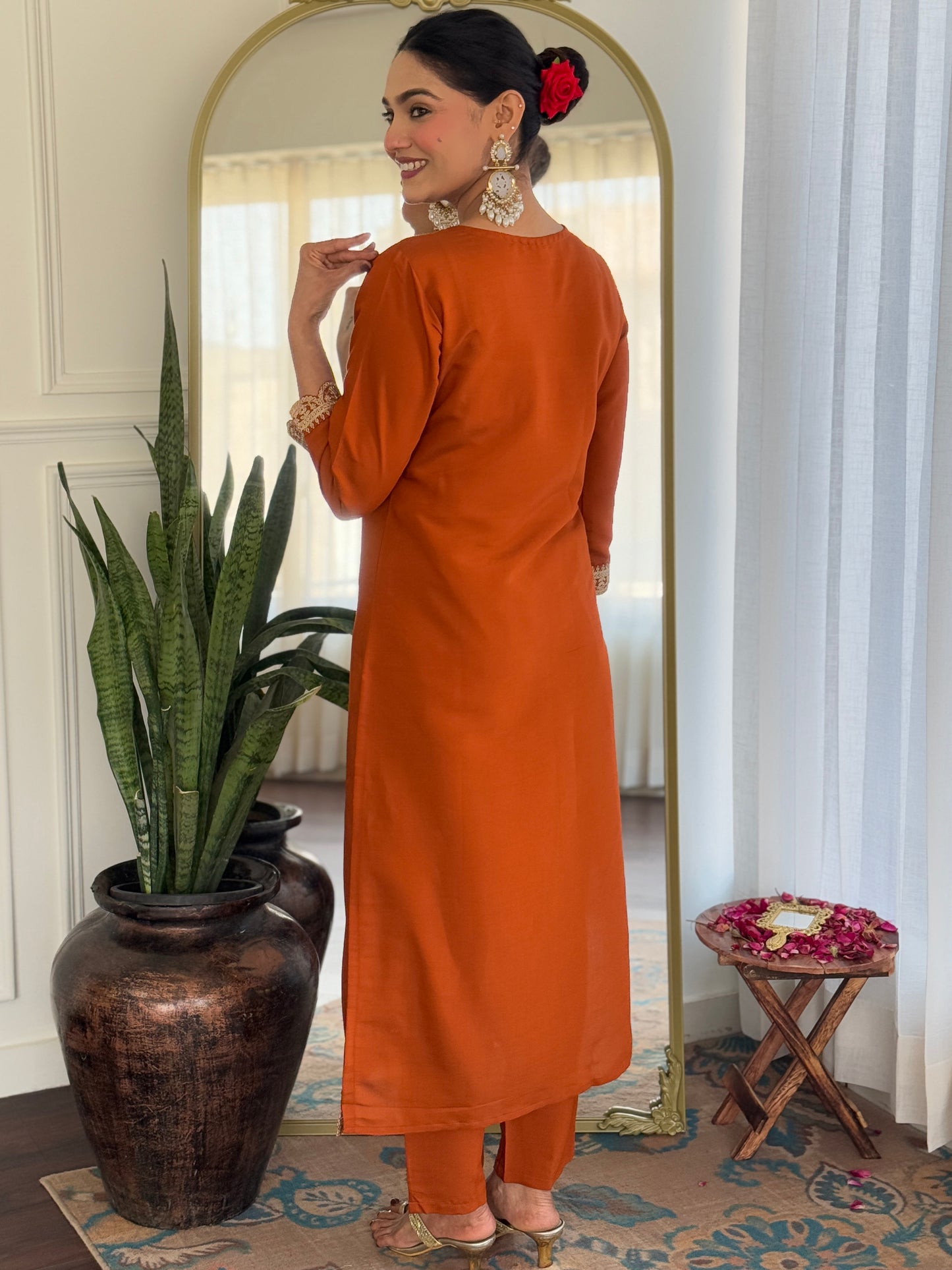 ORANGETHREE-PIECE ETHNIC KURTA SET FOR WOMEN