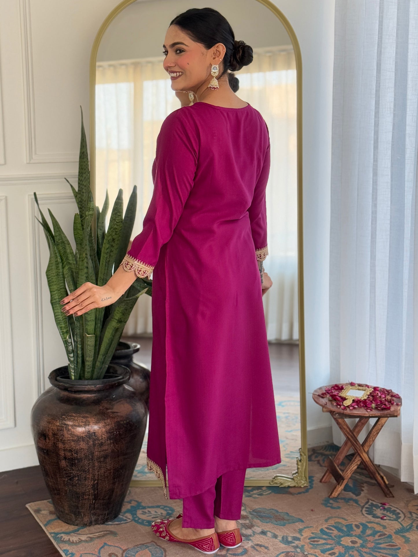 WINE SOLID KURTA SET WITH PANT AND DUPATTA