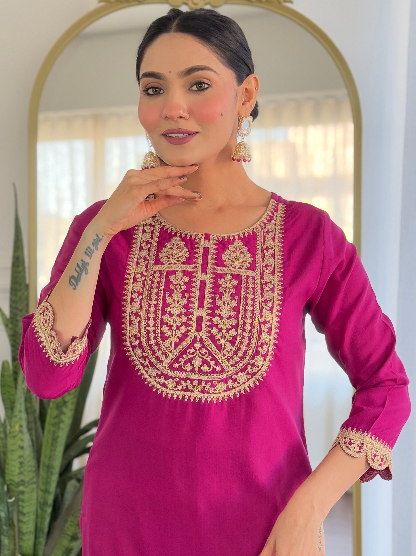 WINE SOLID KURTA SET WITH PANT AND DUPATTA