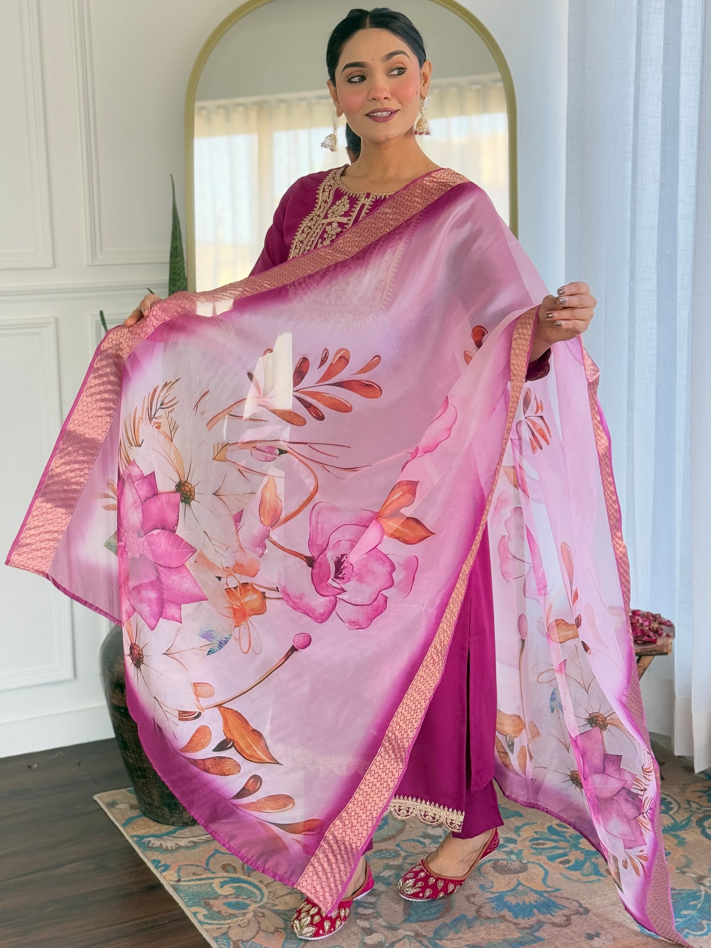WINE SOLID KURTA SET WITH PANT AND DUPATTA