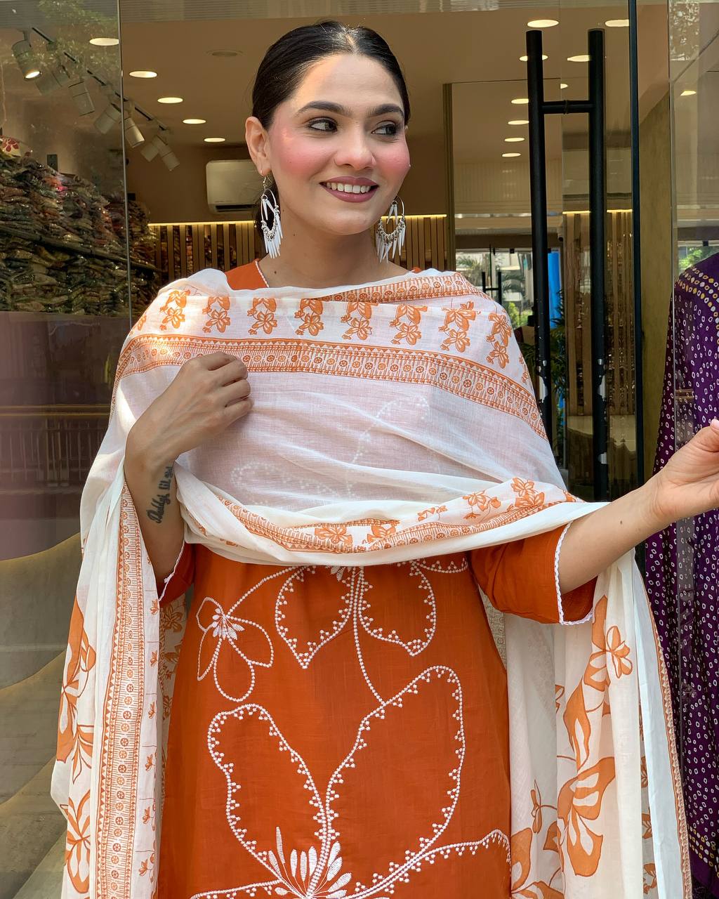 ORANGE ALL-DAY WEAR KURTA PANT DUPATTA SET
