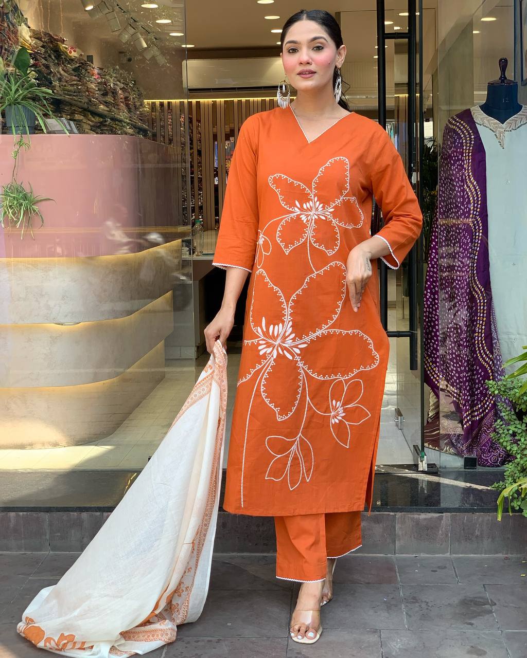 ORANGE ALL-DAY WEAR KURTA PANT DUPATTA SET
