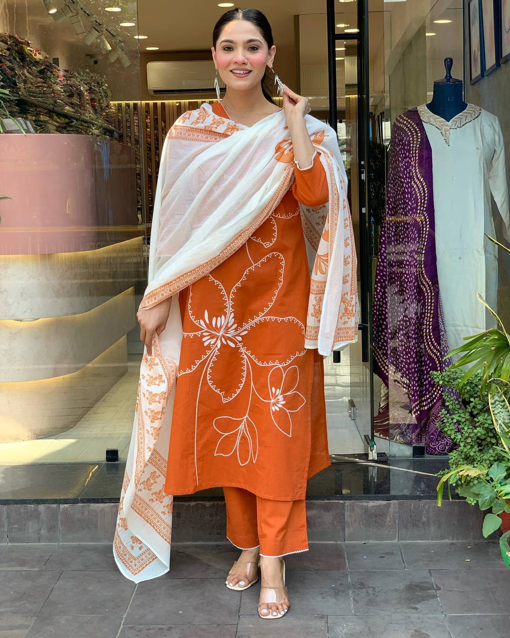 ORANGE ALL-DAY WEAR KURTA PANT DUPATTA SET