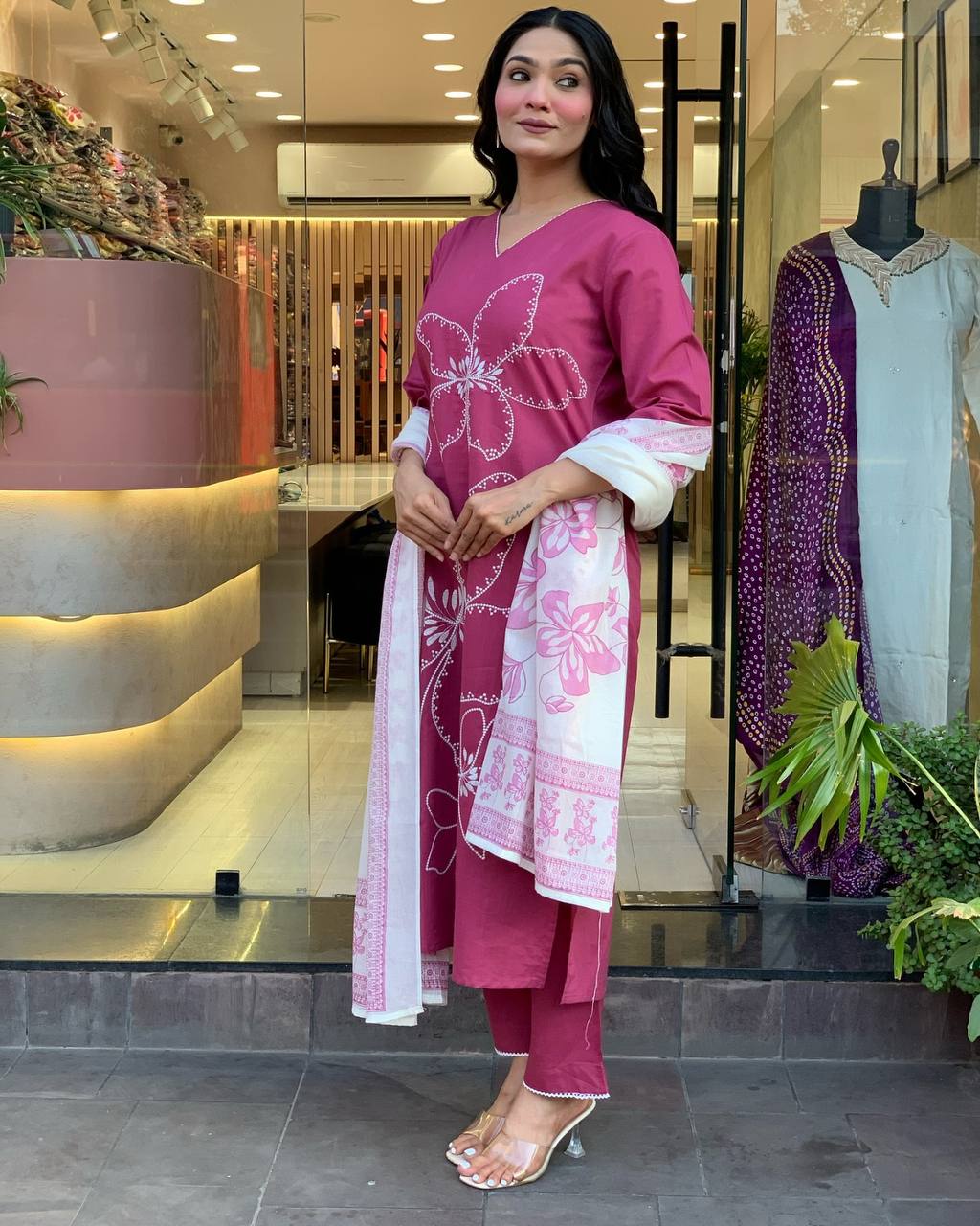 PINK COTTON BLEND KURTA SET FOR WOMEN