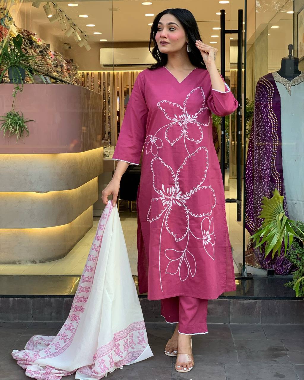 PINK COTTON BLEND KURTA SET FOR WOMEN