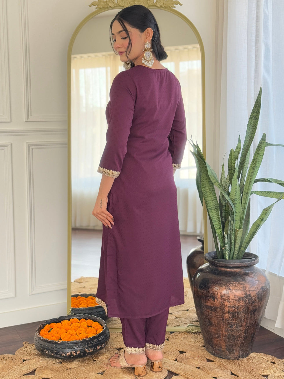 WINE COTTON KURTA SET FOR REGULAR WEAR