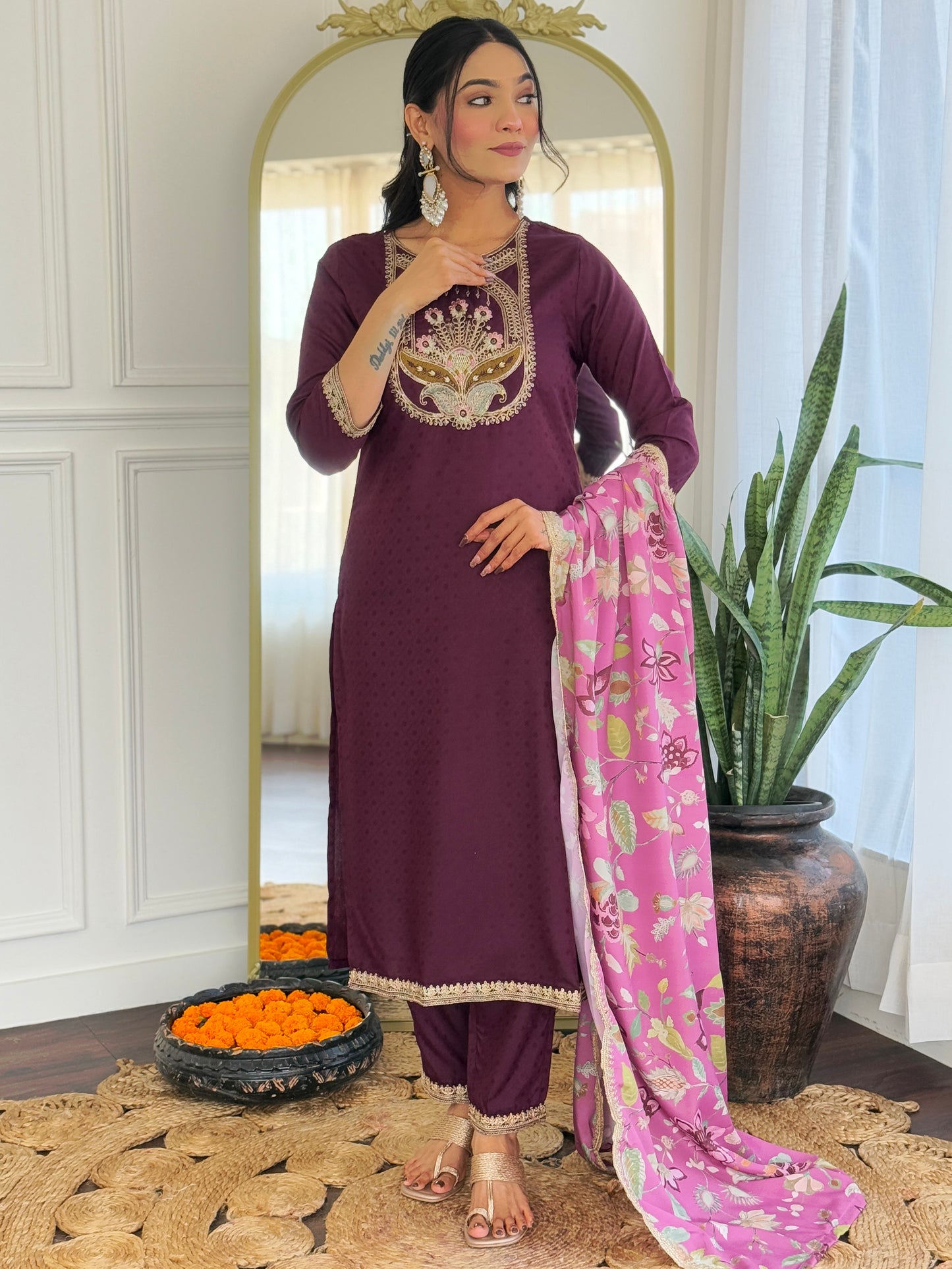 WINE COTTON KURTA SET FOR REGULAR WEAR