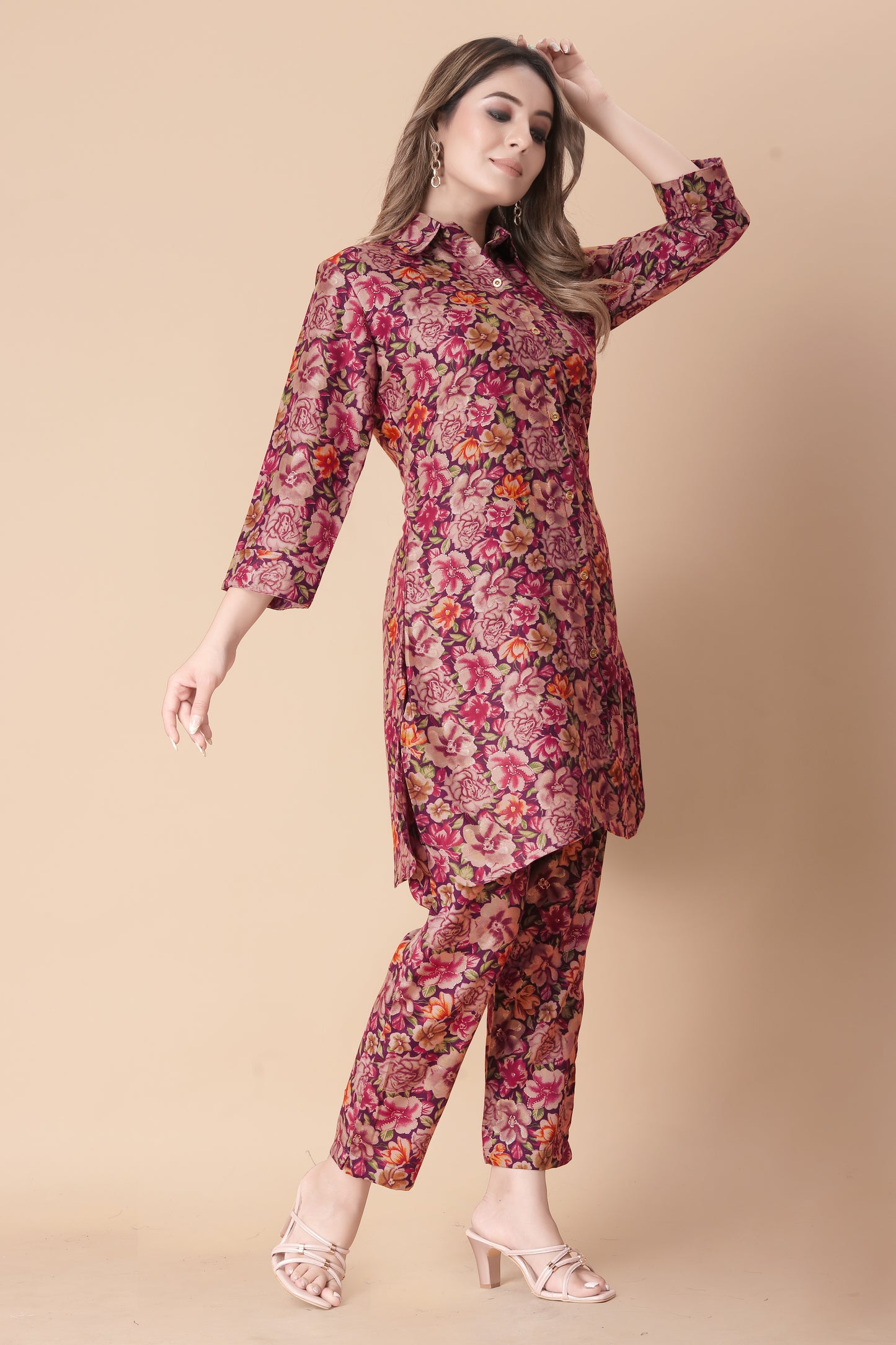 WINE ROSE FLOWER TOP AND PANT CO-ORD SET