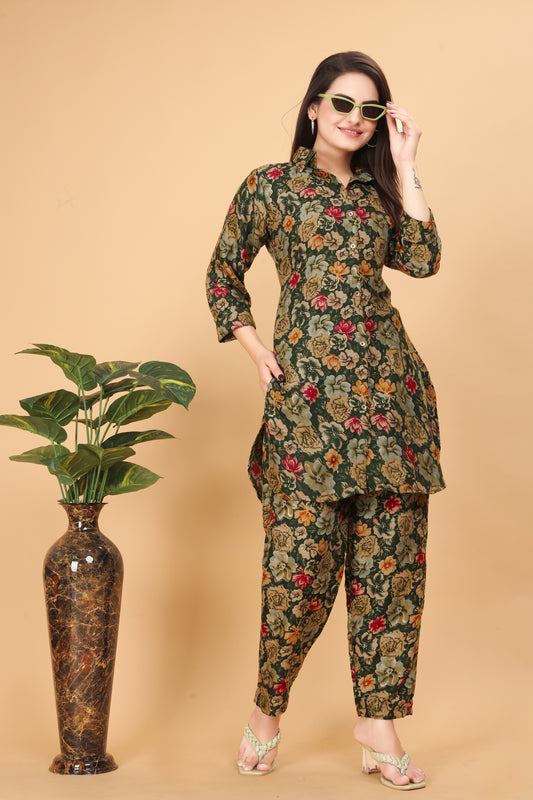 GREEN ROSE FLOWER TOP AND PANT CO-ORD SET