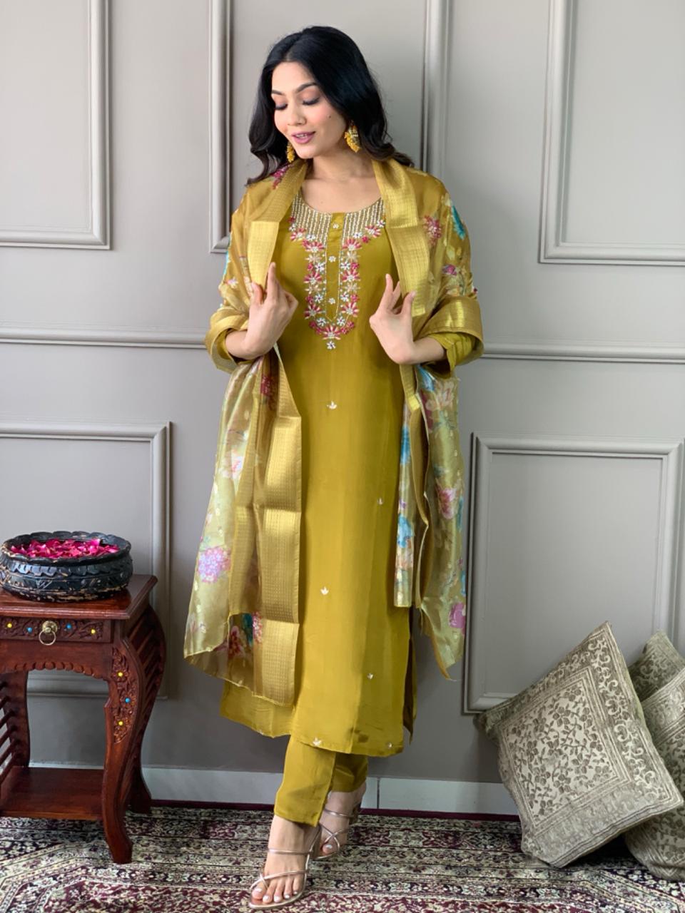 Brass Yellow Embroidery Kurta Set