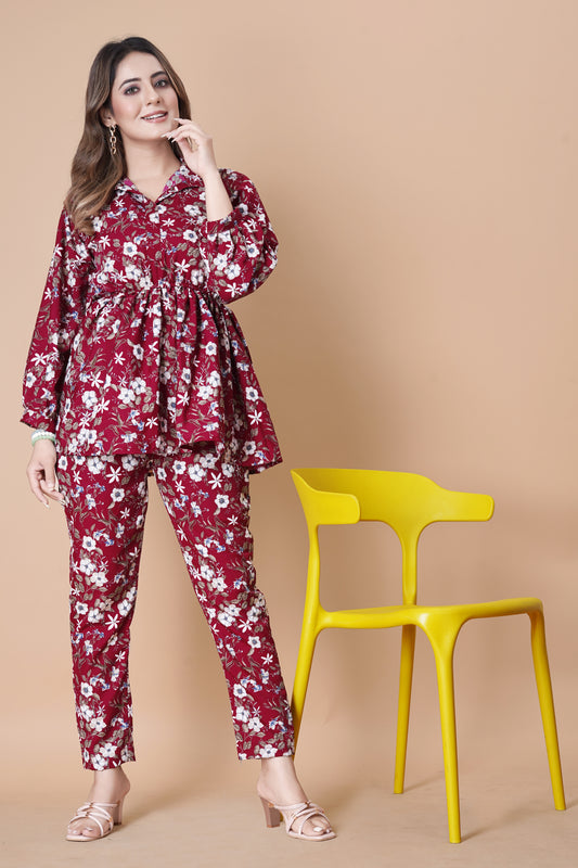 VIVID BURGUNDY FLOWER PRINTED TOP AND PANT CO-ORD SET