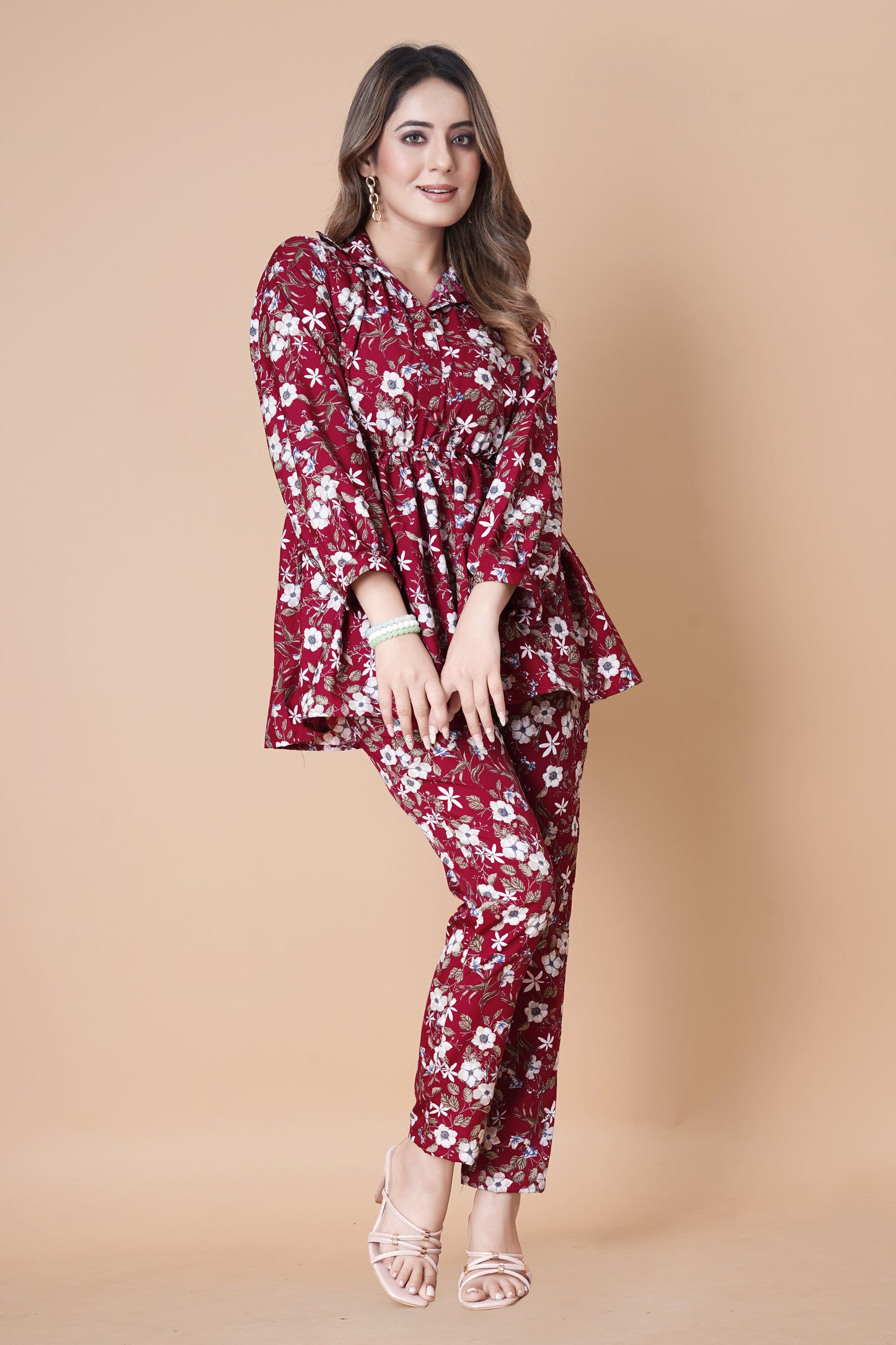 VIVID BURGUNDY FLOWER PRINTED TOP AND PANT CO-ORD SET