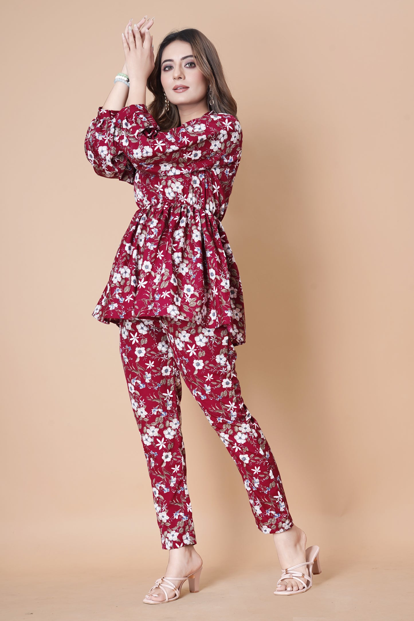 VIVID BURGUNDY FLOWER PRINTED TOP AND PANT CO-ORD SET