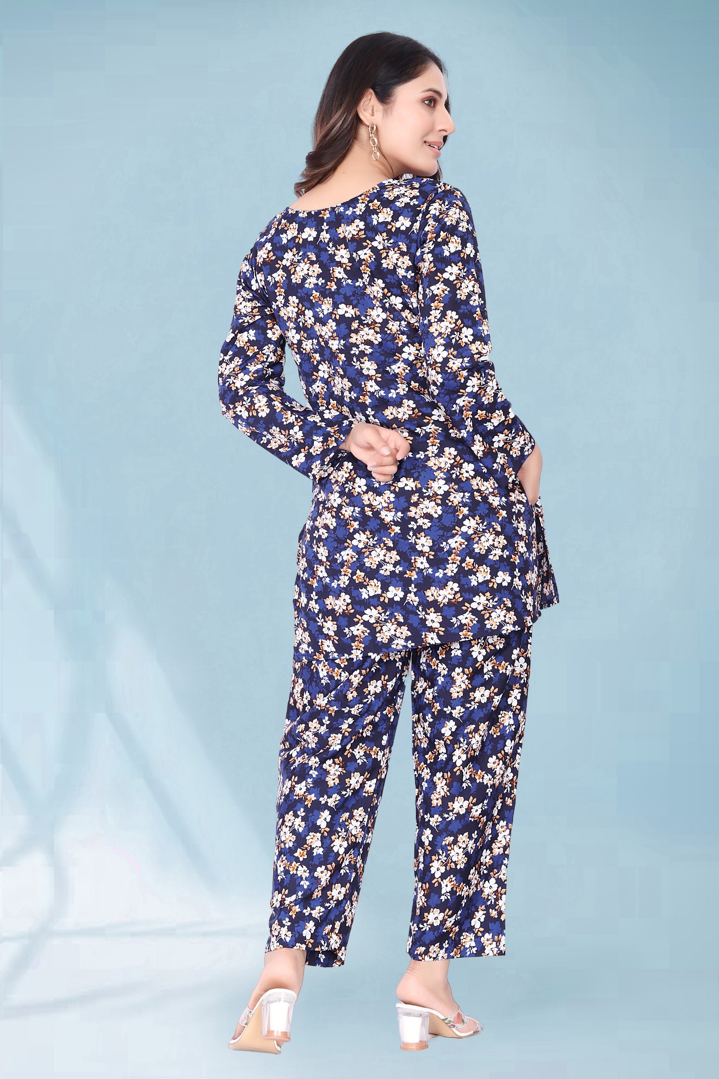 DARK SLATE BLUE FLOWER PRINTED KURTA AND PANT CO-ORD SET