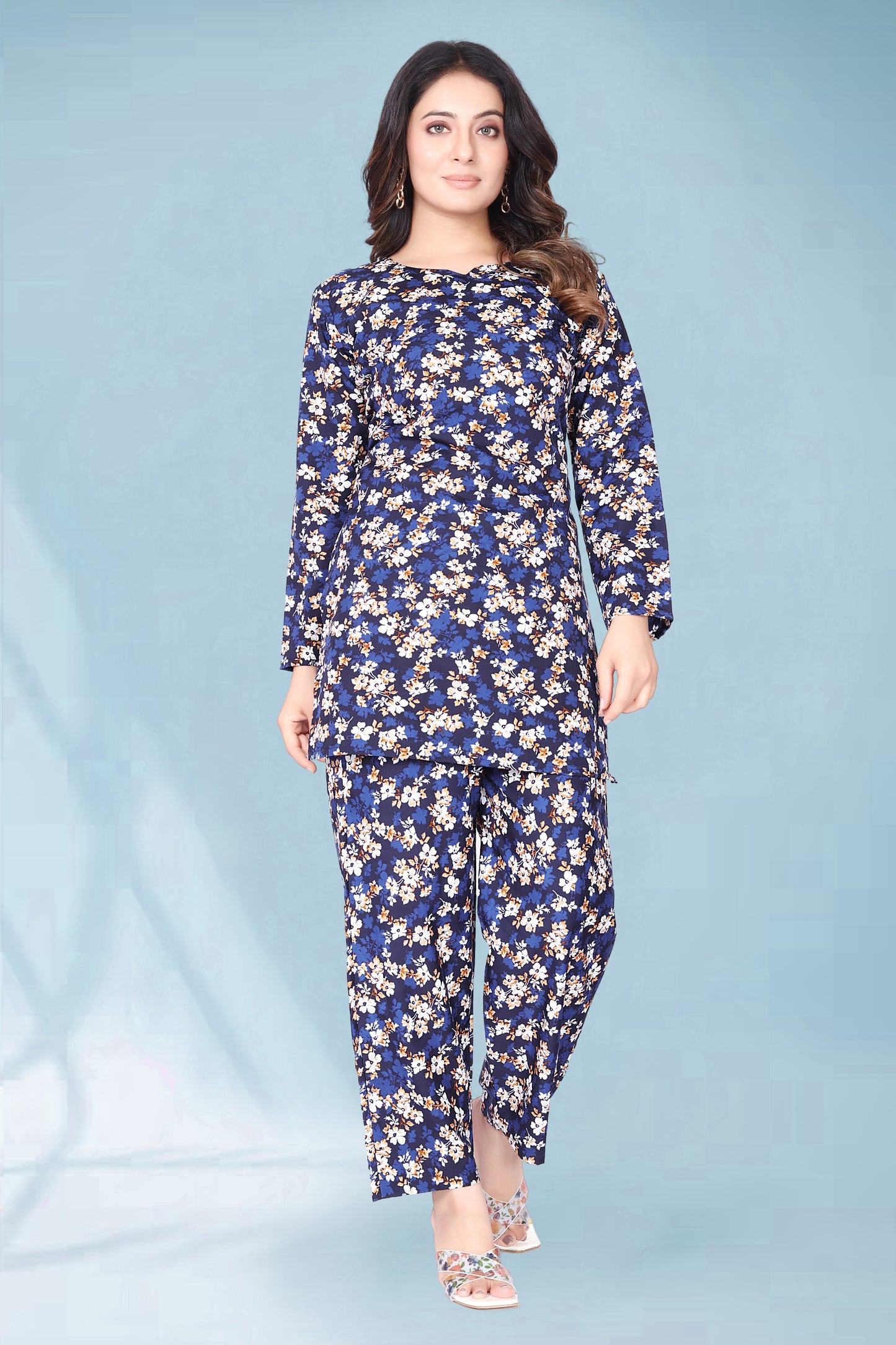 DARK SLATE BLUE FLOWER PRINTED KURTA AND PANT CO-ORD SET