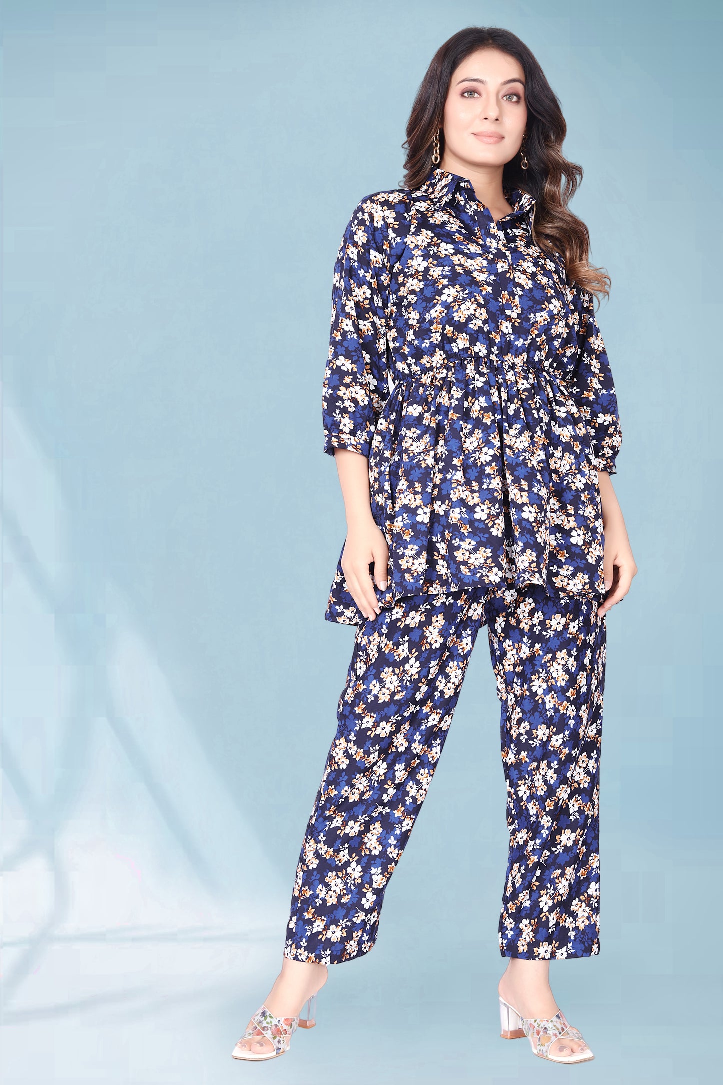 DARK SLATE BLUE FLOWER PRINTED TOP AND PANT CO-ORD SET