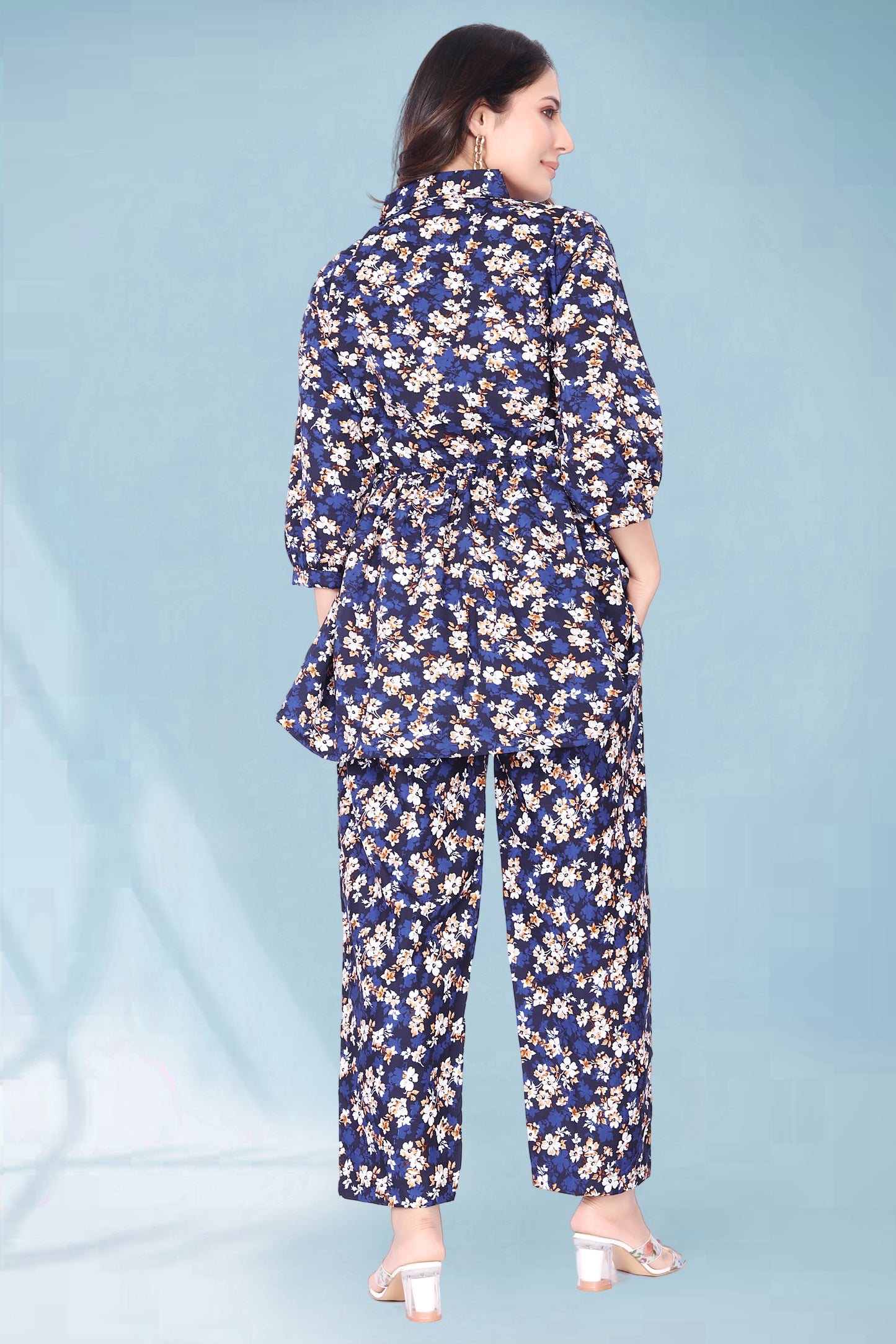 DARK SLATE BLUE FLOWER PRINTED TOP AND PANT CO-ORD SET