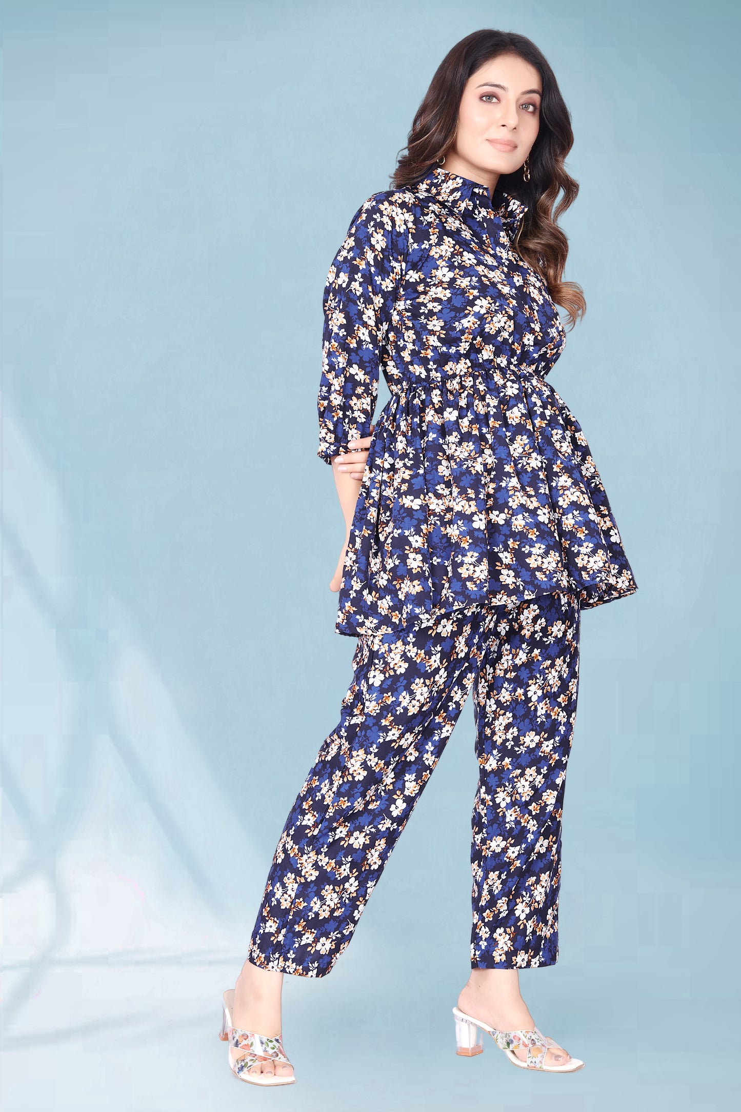 DARK SLATE BLUE FLOWER PRINTED TOP AND PANT CO-ORD SET