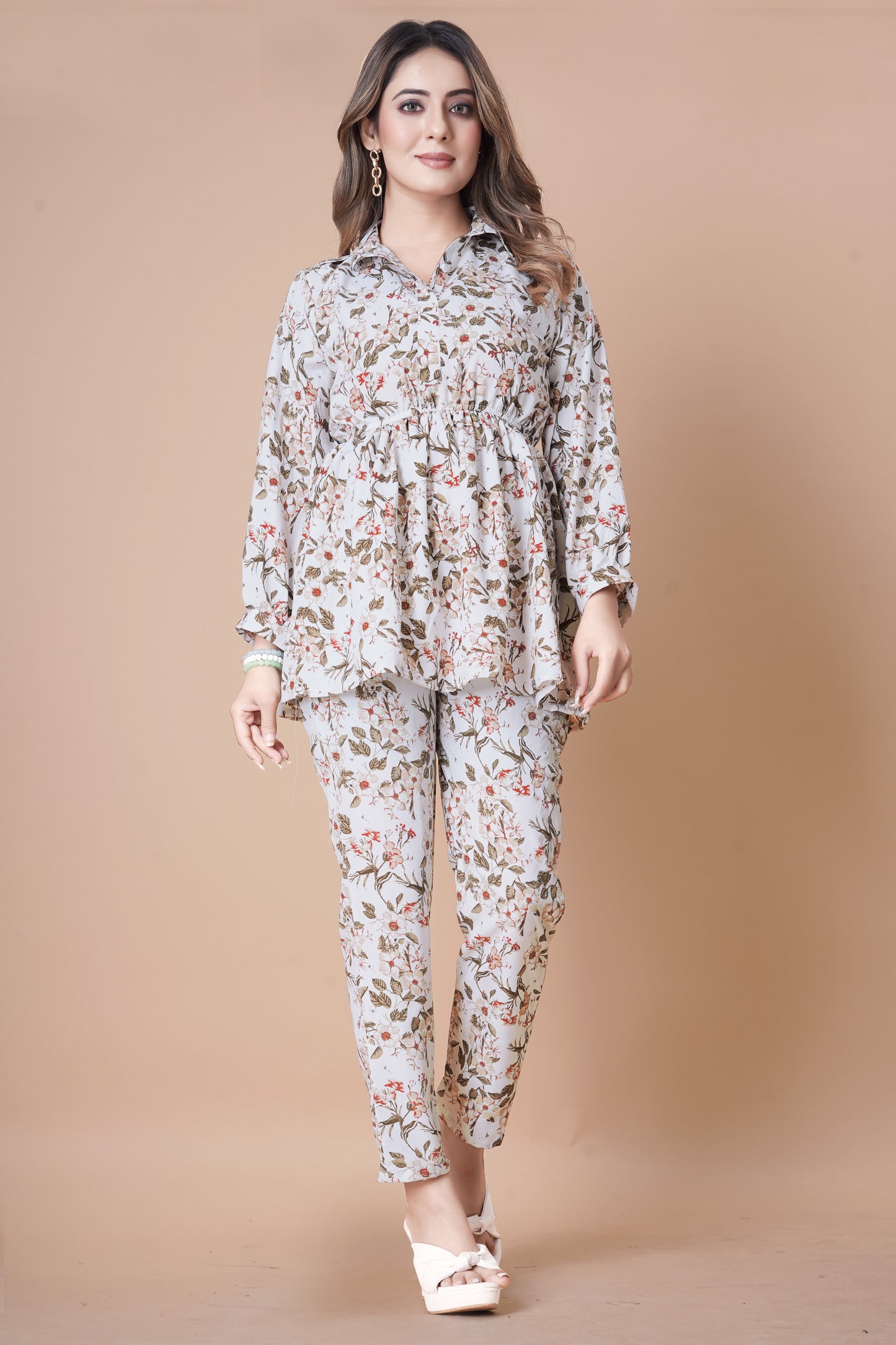 WHITE FLOWER PRINTED TOP AND PANT CO-ORD SET