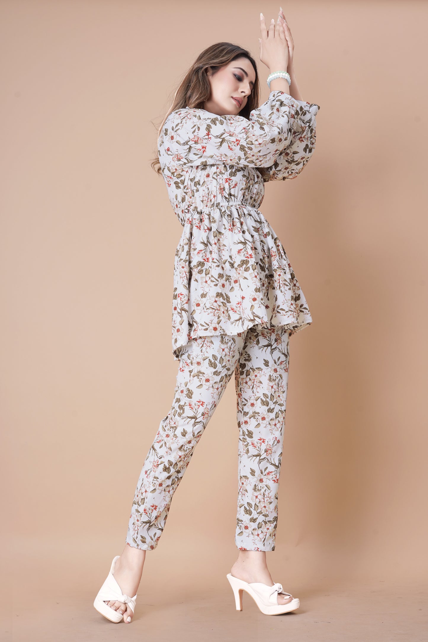 WHITE FLOWER PRINTED TOP AND PANT CO-ORD SET