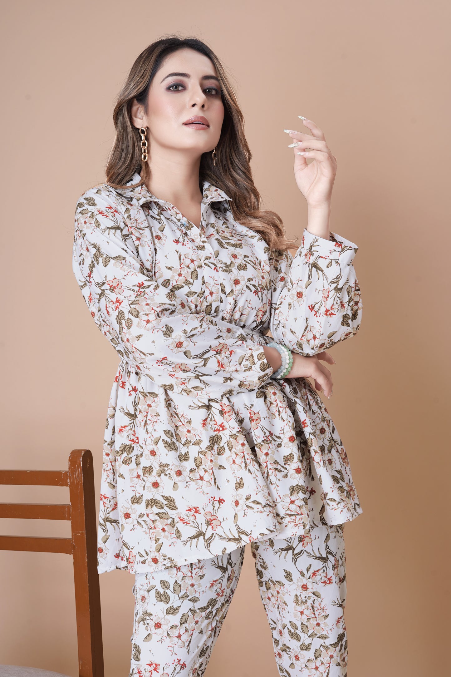 WHITE FLOWER PRINTED TOP AND PANT CO-ORD SET