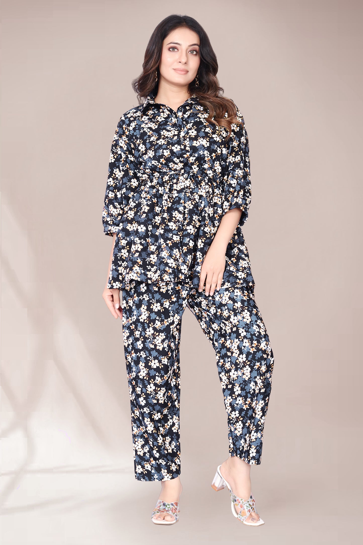 THUNDER BLUE FLOWER PRINTED TOP AND PANT CO-ORD SET