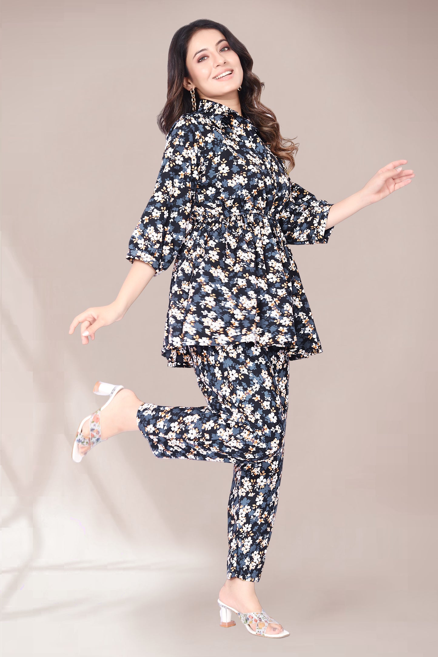 THUNDER BLUE FLOWER PRINTED TOP AND PANT CO-ORD SET