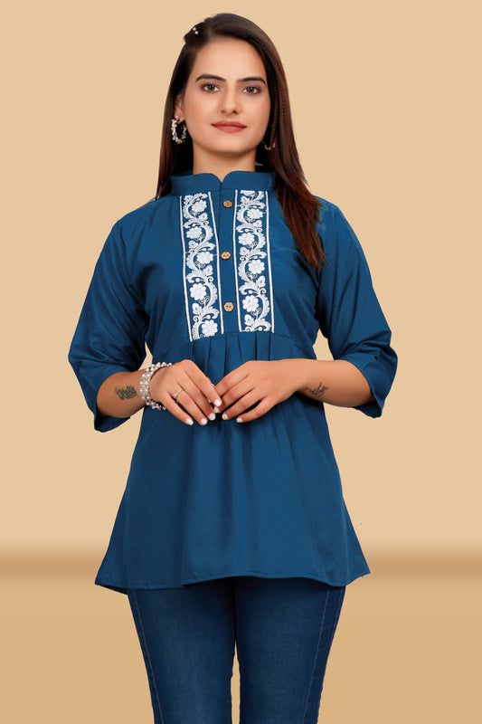 CYAN BLUE EMBROIDERY TOP