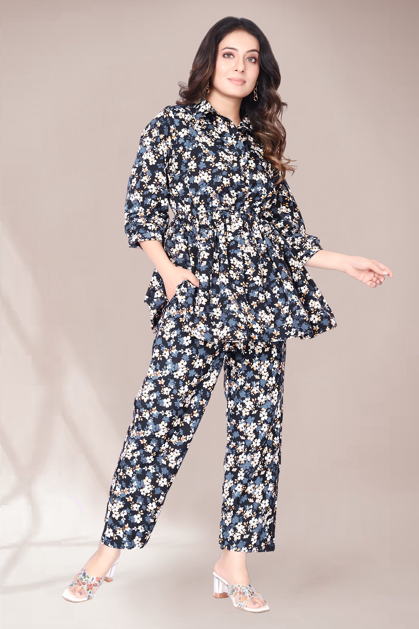 THUNDER BLUE FLOWER PRINTED TOP AND PANT CO-ORD SET