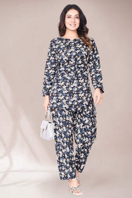 THUNDER BLUE FLOWER PRINTED KURTA AND PANT CO-ORD SET